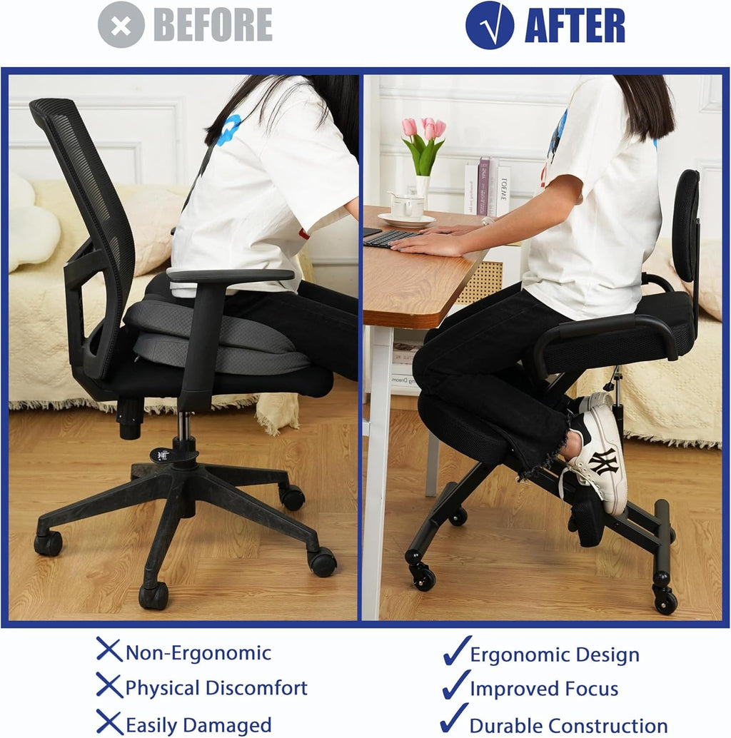 Ergonomic Kneeling Chair with Back Support and Foot Pedals — Adjustable Posture Stool for Back Pain Relief, Rolling Kneeling Chair for Home & Office, Extra Comfort Cushion, Angled Design