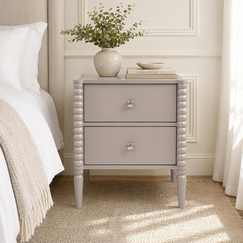 2-Drawer Nightstand, Modern Bedside Table with Silver Handles, 19.69" W × 15.75" D × 21.65" H, Kashmir MDF Cabinet with Wood Legs, End Table for Bedroom Living Room