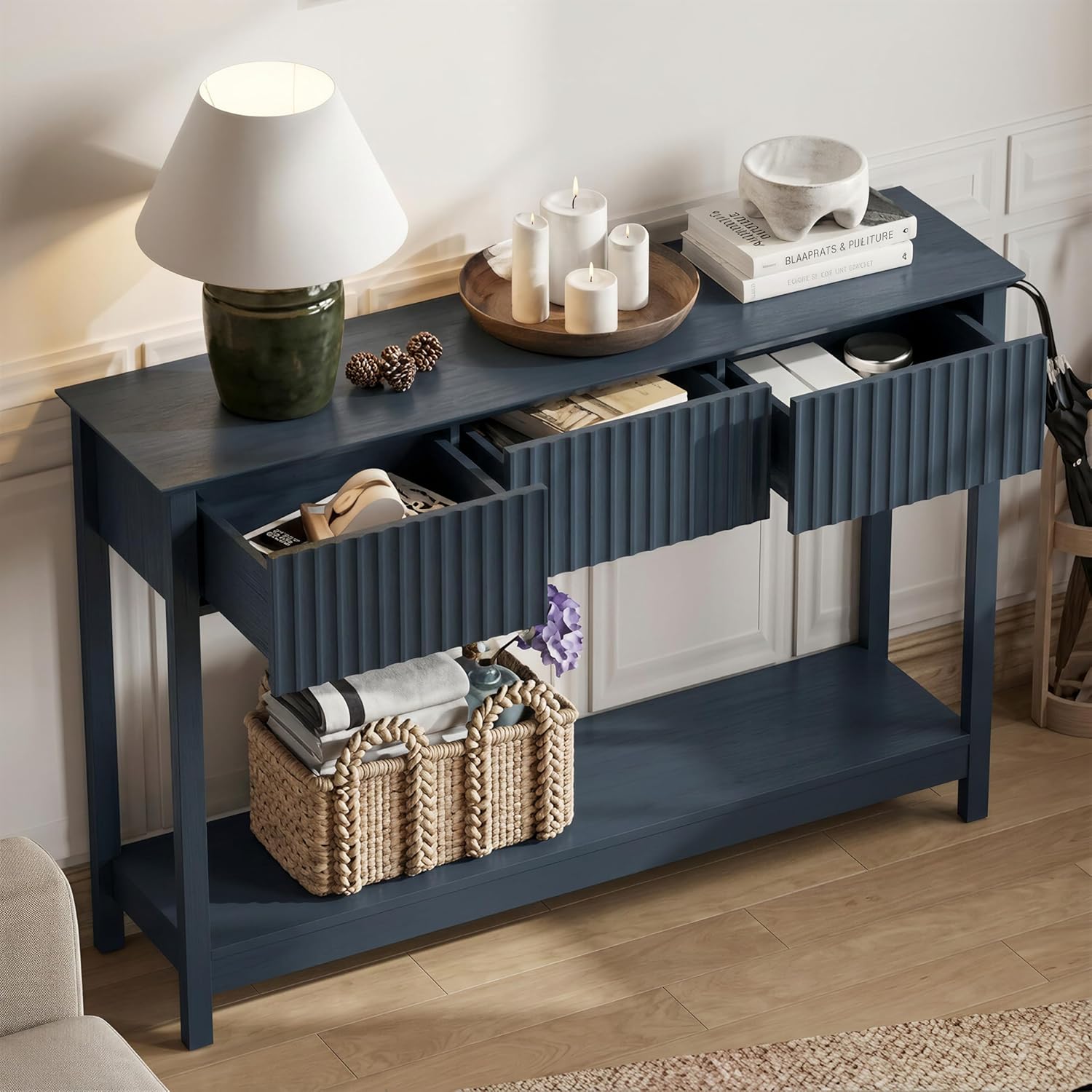 Treocho 47" Fluted Console Table with 3 Drawers, Narrow Long Entryway Table with Storage and Shelf, 2-Tier Sofa Table Behind Couch Accent Tables for Entrance Foyer, Hallway, Living Room, Blue