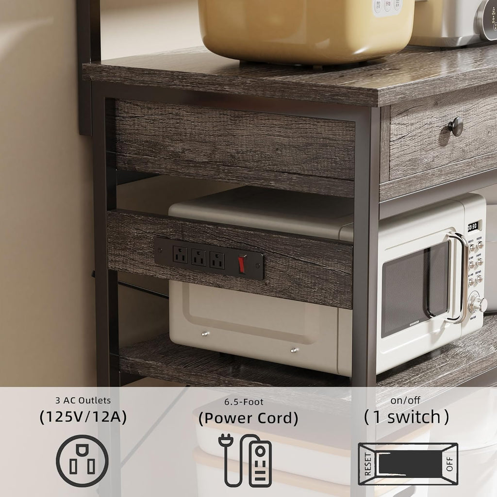 Mexin Baker's Rack with Power Outlet, 5-Tier Kitchen Storage Shelf with 2 Drawers, Industrial Microwave Stand Coffee Bar Station, 58.5" Heavy Duty Utility Rack for Spice Pots and Pans, Gray Oak