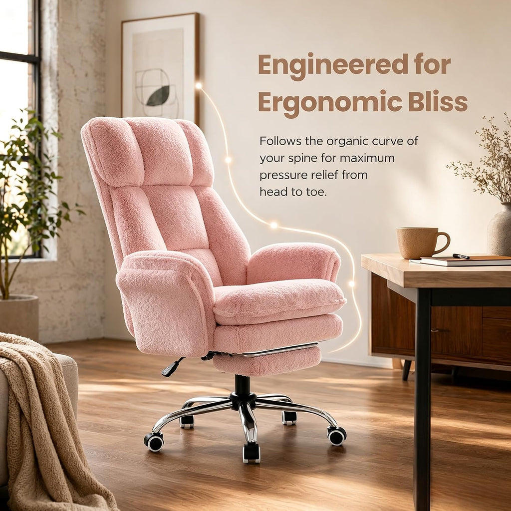Big & Tall Office Chair, Wide Seat for Cross Legged Sitting & Pets, Teddy Fleece Reclining Chair w/Foot Rest, 400lbs Gaming Vanity Chair, 4 Colors
