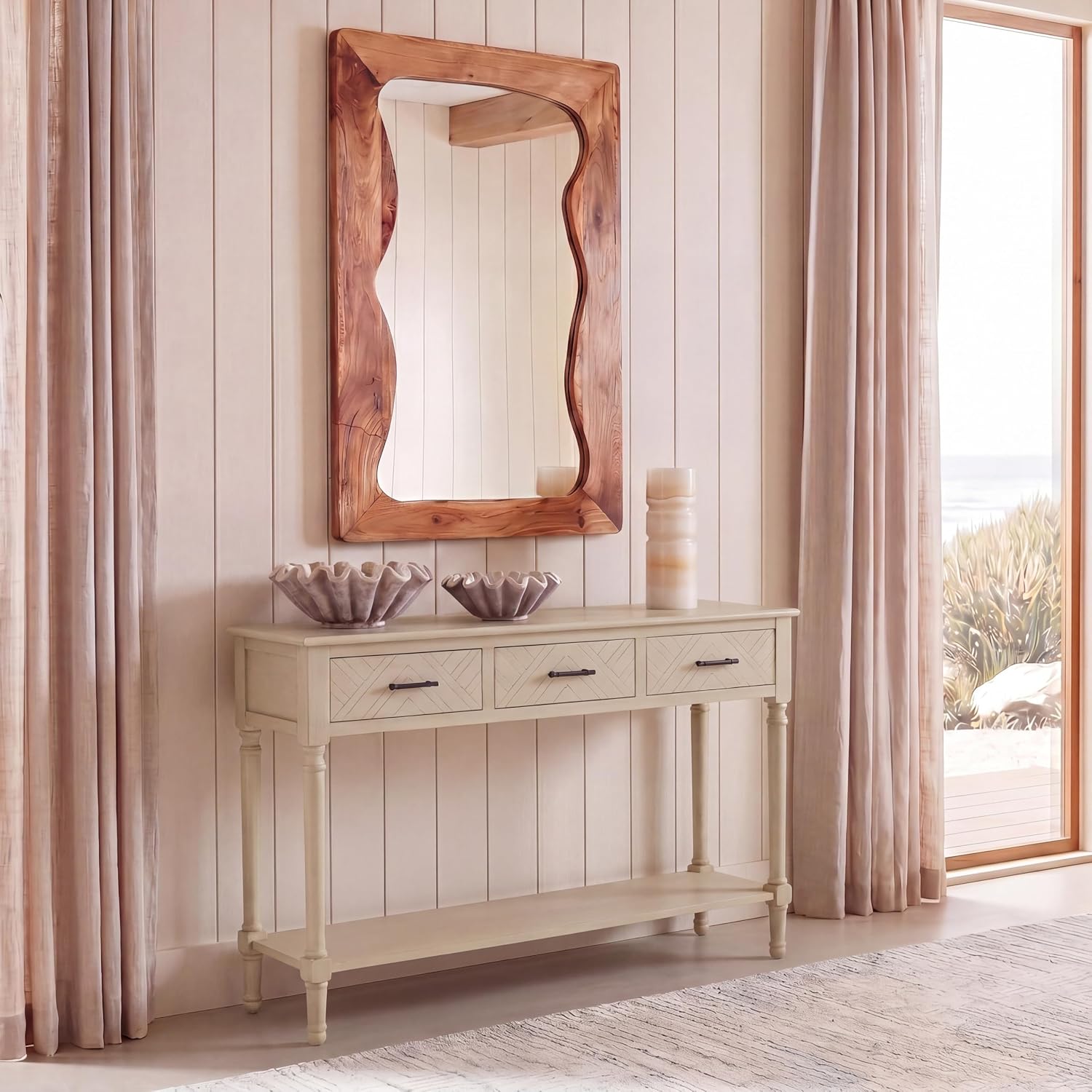 SAFAVIEH Home Collection - Peyton Sand Console Table with 3 Drawers and 1 Shelf, Farmhouse Accent Entryway Table (CNS5705F)