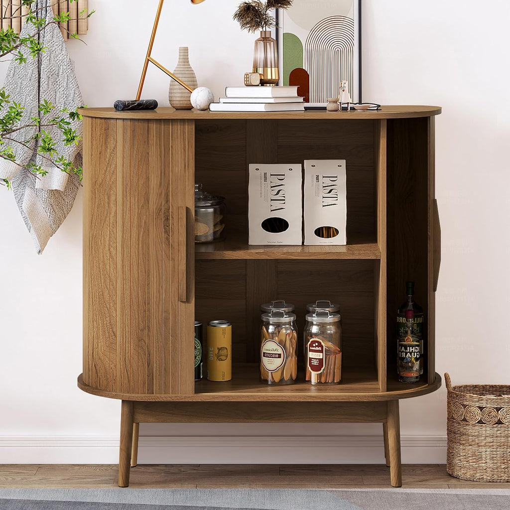 Small Sideboard Buffet Cabinet with Storage, Sliding Doors, 31" Wood Narrow Accent Storage Cabinet, Modern Buffet Table Coffee Bar Cabinet for Kitchen, Living Room (Walnut)