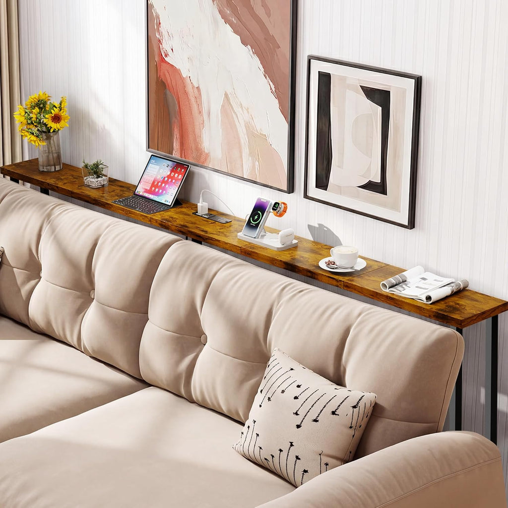 GRLEAF 78" Sofa Table with Built-in Power Strip (2 AC Outlets & 2 USB Ports) – 4.9ft Power Cord, Metal Frame, Easy Assembly, Long Couch Table Behind Sofa, Living Room and Home Office | Rustic Brown