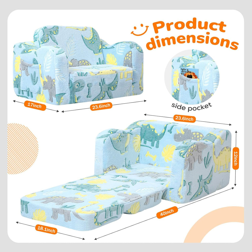 MeMoreCool Glowing Dinosaur Kids Chair, 2-in-1 Convertible Kids Couch Fold Out to Lounger, Glow-in-the-Dark Dino Sofa for Boys Ages 1-3, Soft Foam Flip-Out Seat with Washable Cover, Sky Blue | Reading, Relaxing