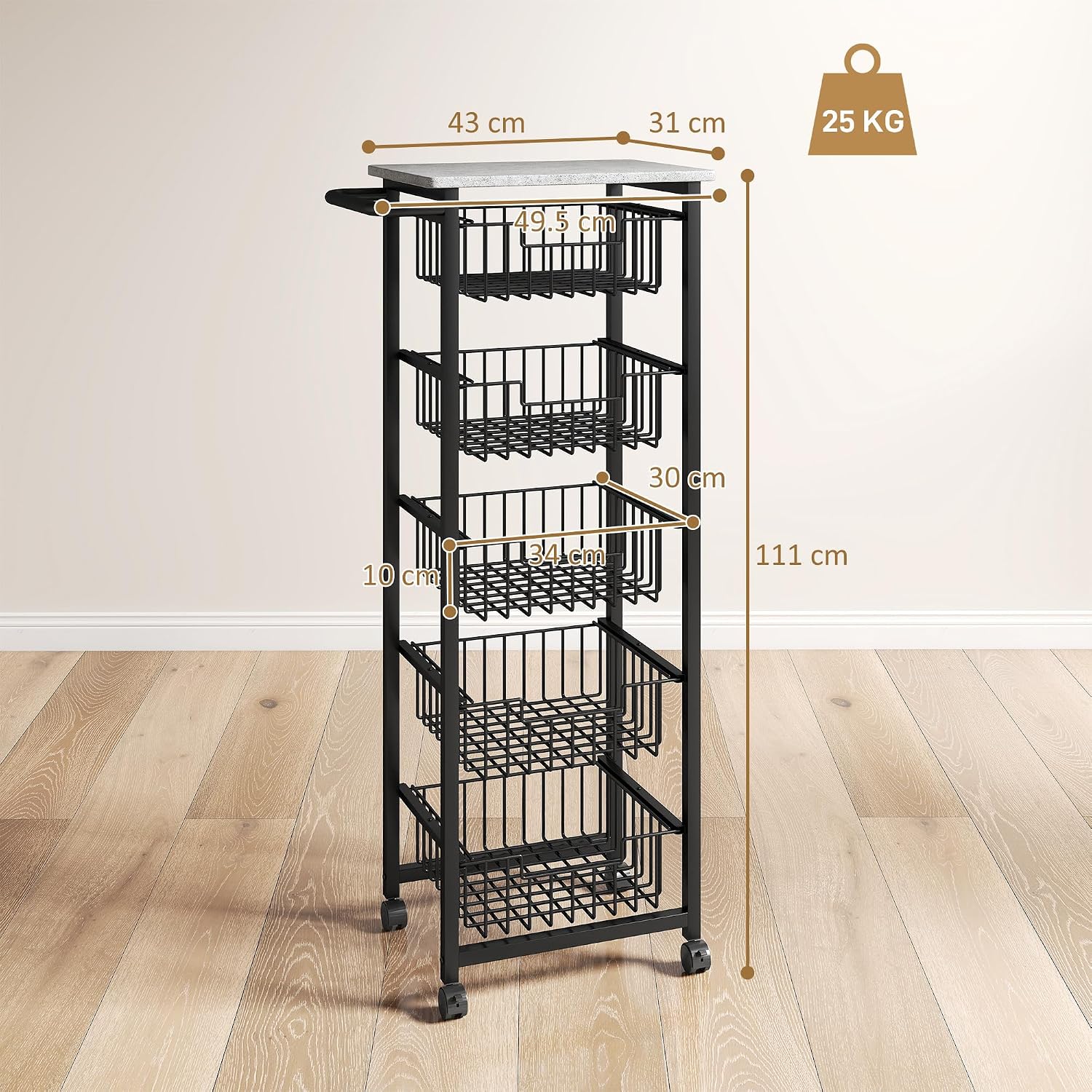 HOMCOM 5-Tier Kitchen Island on Wheels, Rolling Kitchen Storage Trolley with 5 Pull-Out Mesh Baskets, Mobile Utility Serving Cart, Light Grey