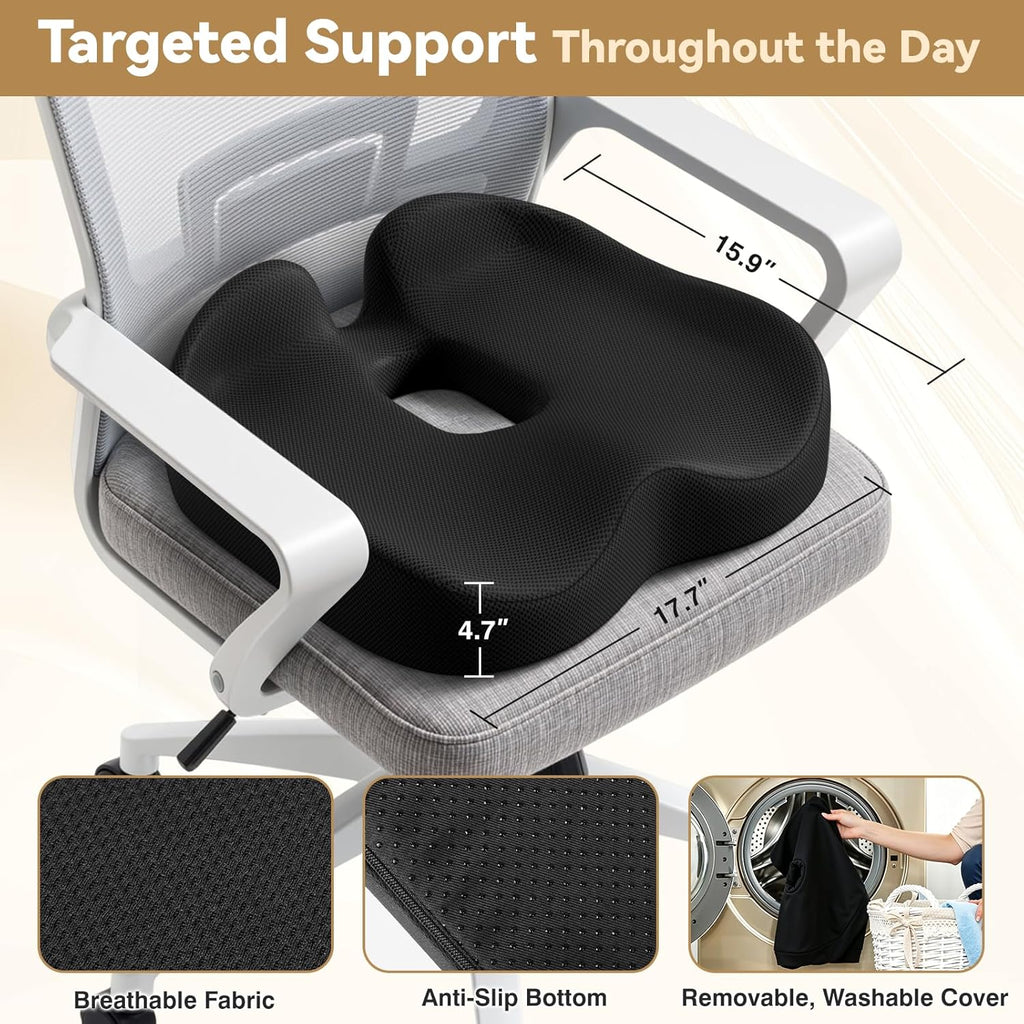 TushGuard Ergonomic Seat Cushion with Coccyx Cutout - 4-Zone Structure Office Chair Cushions for Tailbone Pressure Relief, Non-Slip Chair Pad with Washable Cover for Car, Office, Wheelchair, Black