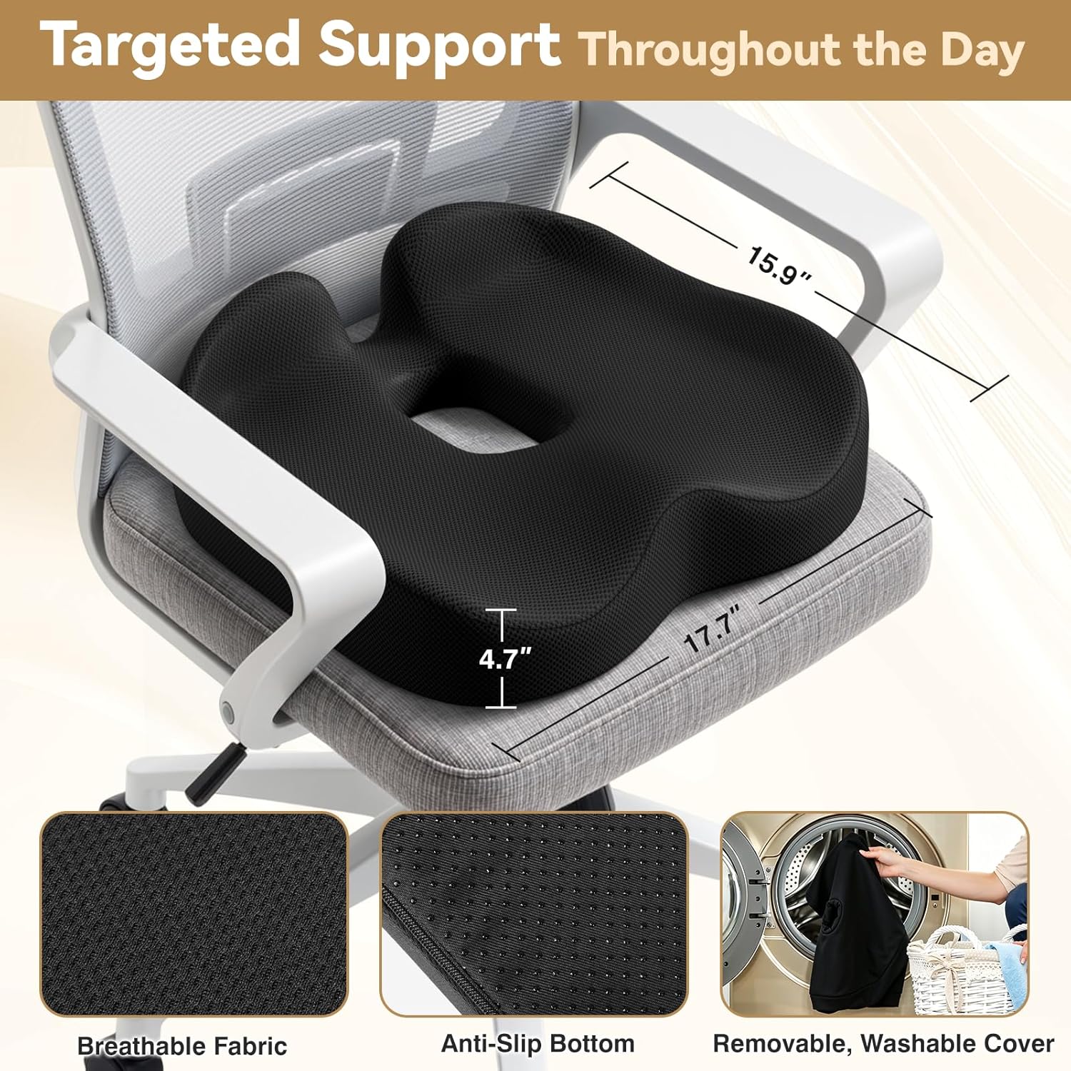 TushGuard Ergonomic Seat Cushion with Coccyx Cutout - 4-Zone Structure Office Chair Cushions for Tailbone Pressure Relief, Non-Slip Chair Pad with Washable Cover for Car, Office, Wheelchair, Black