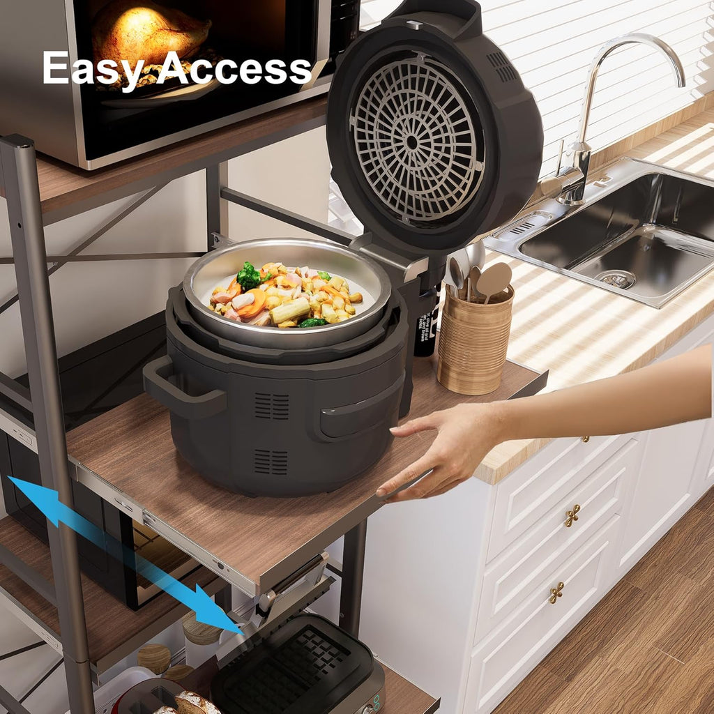 5-Tier Pull Out Baker's Rack with Storage, Heavy Duty Microwave Stand with Wood Pull Out Shelves, Adjustable Microwave Cart with Wheels (23.6''W x 60''H)