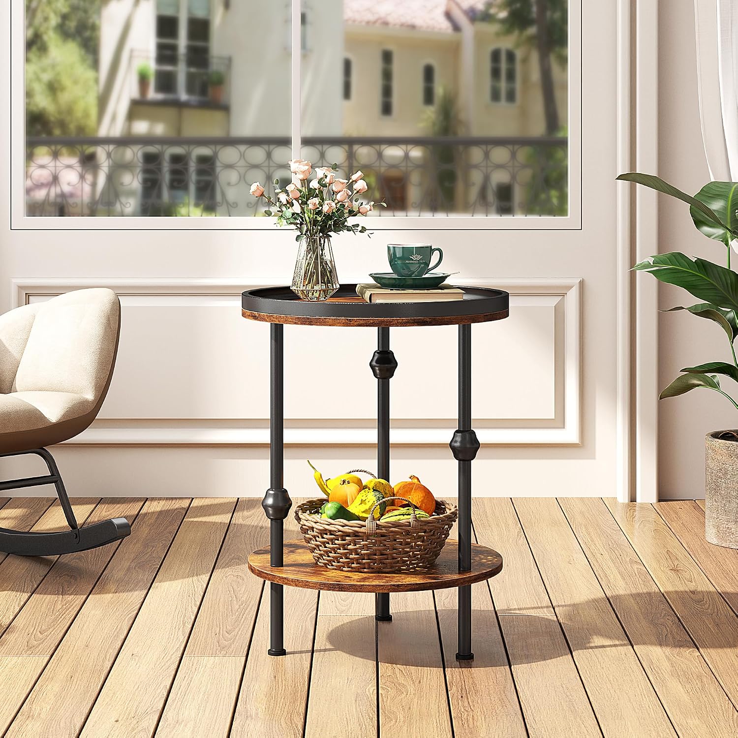 Farmhouse Round Side Table with Storage Shelf,2 Tier End Table with Raised Edge Tray Top,Accent Sofa Table for Small Space,Living Room,Bedroom,Rustic Brown