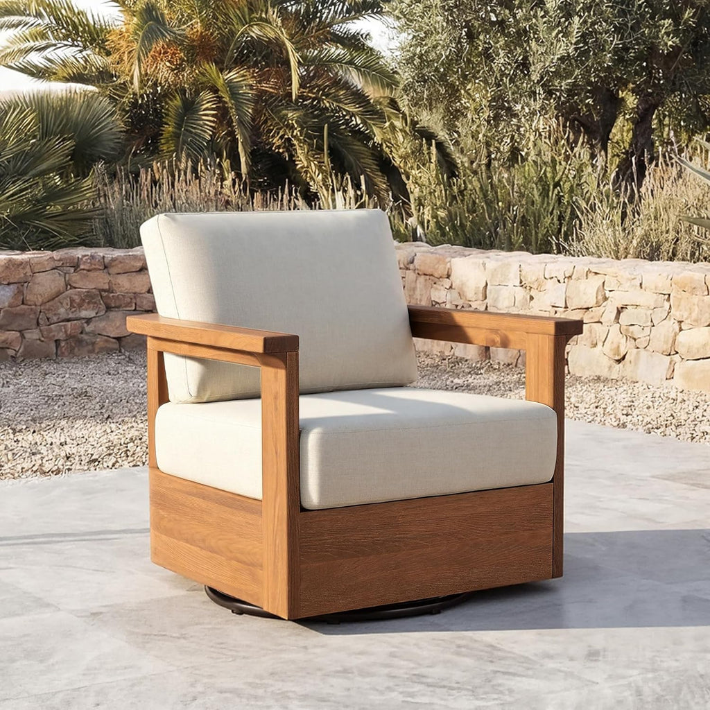 CHITA Patio Acacia 360° Swivel Chair, Outdoor Furniture with 7.7” Thickened Cushions Acacia Wood Frame, Fully Assembled