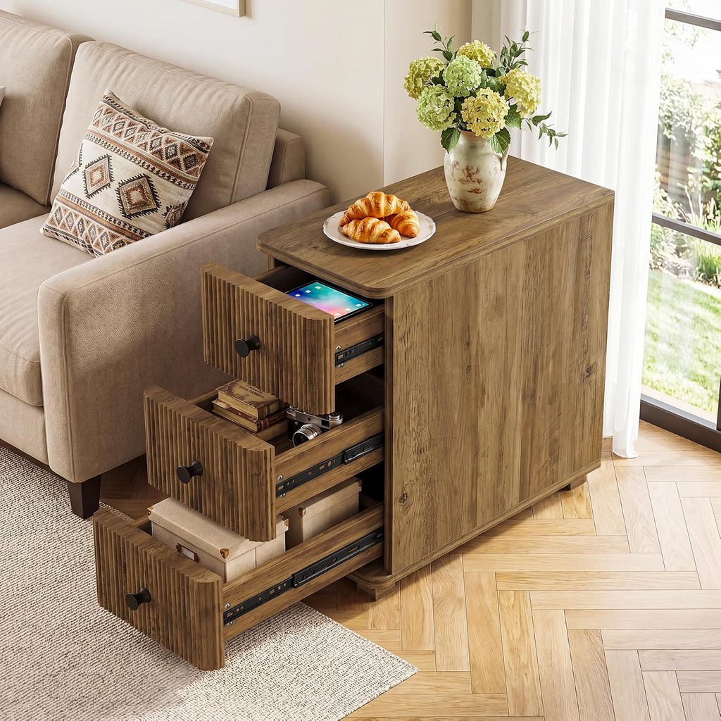 Tribesigns End Table with 3 Drawers, Farmhouse Fluted Narrow Side Table, Wood Slim Sofa Side Table for Small Spaces, Rustic Nightstand with Storage for Living Room Bedroom