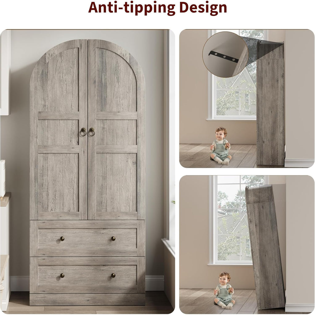72" Tall Arched Kitchen Pantry Cabinet – Farmhouse Wooden Storage Cabinet with 2 Drawers & Wood Doors – Freestanding Buffet Sideboard for Dining/Living Room – Rustic Gray, Wooden Door, Grey