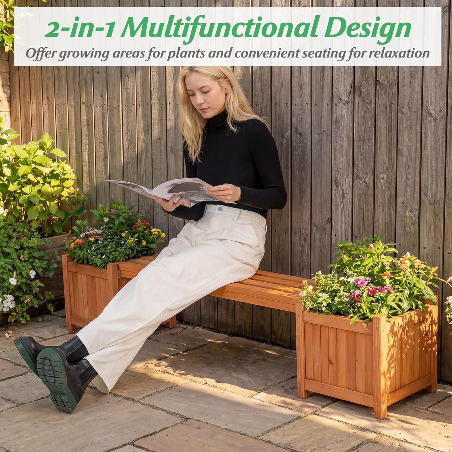 HAPPYGRILL 2-in-1 Outdoor Bench with 2 Raised Garden Beds, 2 Person Patio Bench with Teak Oil Finish, Open-Ended Base, Wooden Garden Bench for Flowerpots, Indoor Patio Yard Porch Decoration (1)