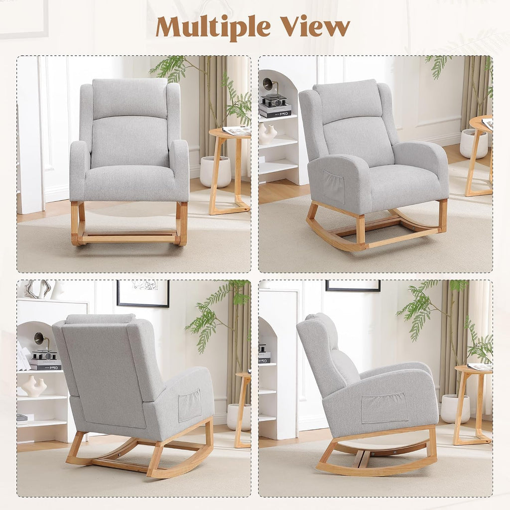 HCHAIRH Rocking Chair Nursery, Nursing Rocking Chairs for Mom Nursery, Comfy Wingback Glider Rocking Armchair with Foot Rest and Side Pocket for Nursery Living Room Bedroom, Light Grey