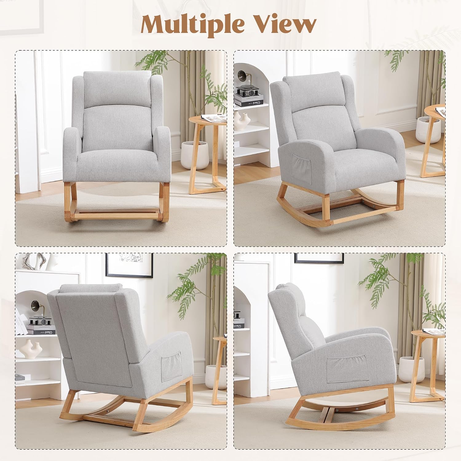 HCHAIRH Rocking Chair Nursery, Nursing Rocking Chairs for Mom Nursery, Comfy Wingback Glider Rocking Armchair with Foot Rest and Side Pocket for Nursery Living Room Bedroom, Light Grey
