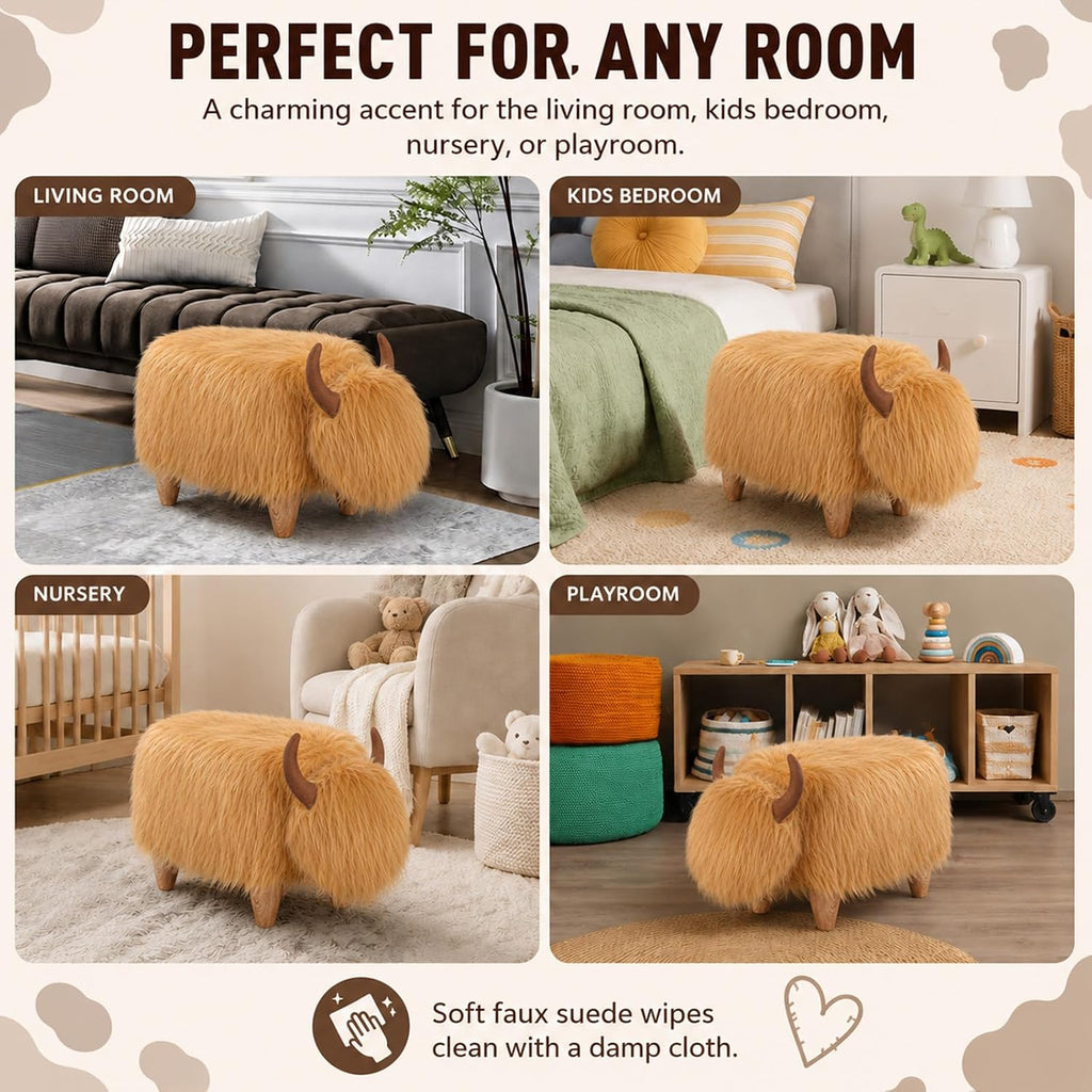 Cow Storage Ottoman, Shorthorn Dairy Cow Footstool with Storage, Animal Shaped Stool with Wooden Legs, Faux Suede Foot Rest for Living Room, Kids Bedroom Nursery Seat (Brown1)