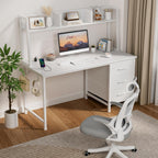 DLisiting White Computer Desk with Hutch & Drawers - 47 Inch Modern Study Writing Office Desk with 3 Storage Drawers and Power Outlets for Bedroom Home Office