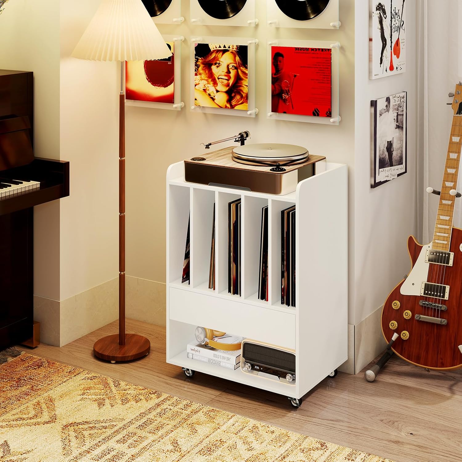 Giantex Record Player Stand, Rolling Turntable Stand with Drawer & Lockable Wheels, Record Player Table Holds Up to 150 Albums, Vinyl Record Storage for Living Room Bedroom, White