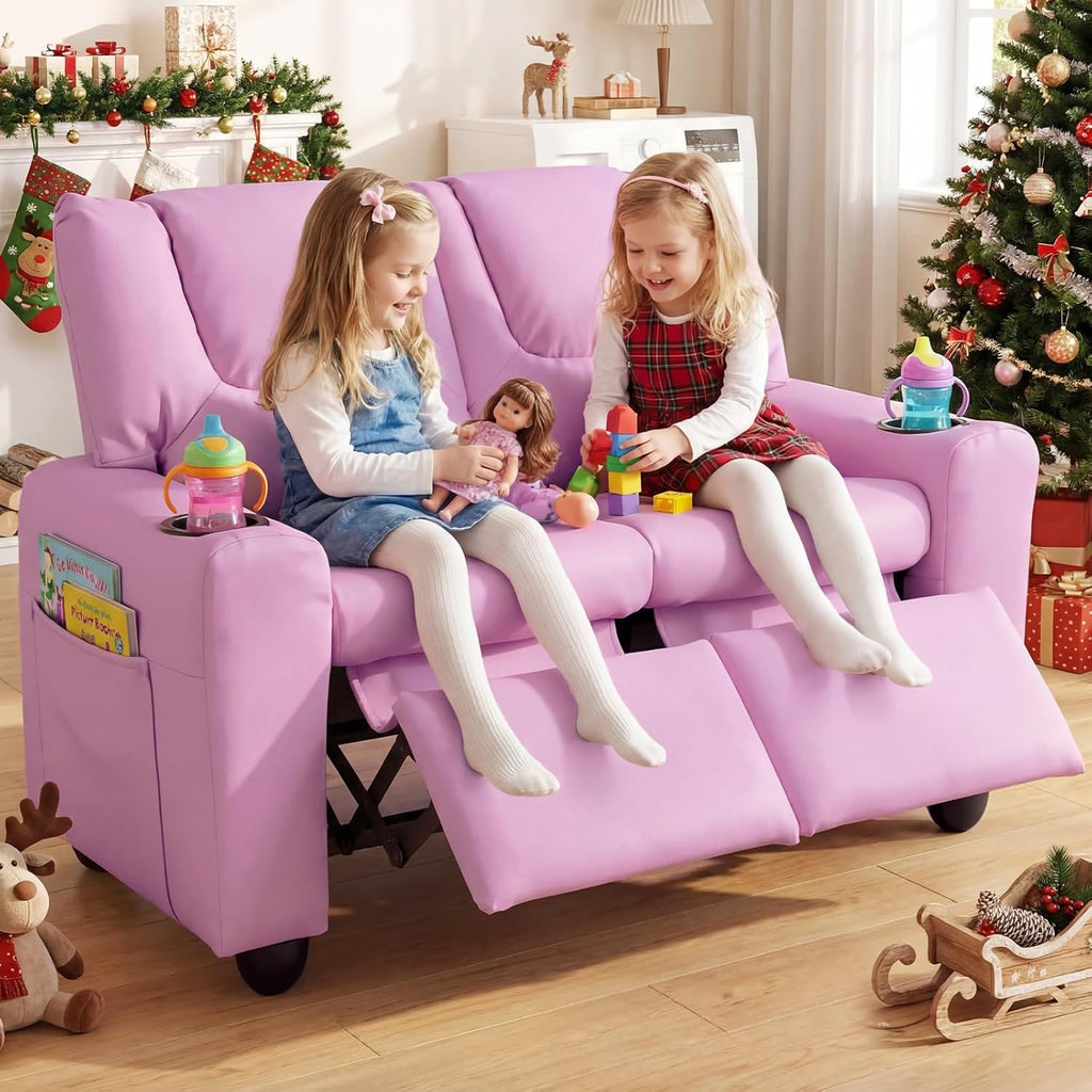 Olakids Kids Recliner, Double Toddler Lounge Chair with 105° to 150° Adjustable Backrest Cup Holder Footrest Side Pockets, PU Leather Children Couch (Pink)
