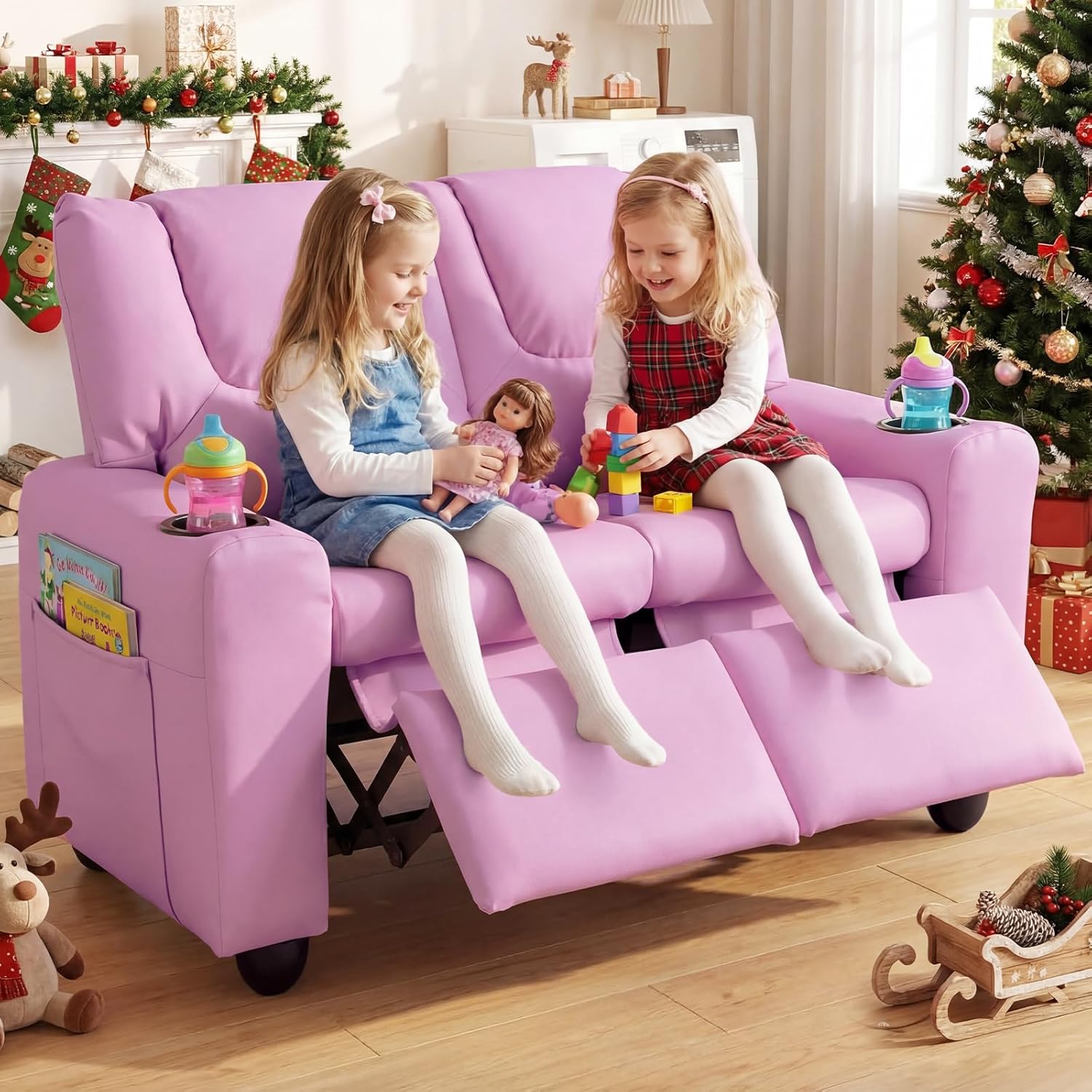 Olakids Kids Recliner, Double Toddler Lounge Chair with 105° to 150° Adjustable Backrest Cup Holder Footrest Side Pockets, PU Leather Children Couch (Pink)