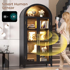 LVSOMT 71” Arched Curio Cabinet with Glass Doors, Display Cabinet with Human Sensor LED Light, 5 Tier China Cabinet with Adjustable Shelf, Tall Bookcase with Storage for Home Black