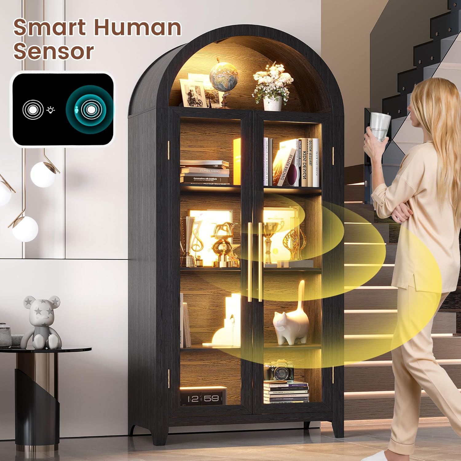 LVSOMT 71” Arched Curio Cabinet with Glass Doors, Display Cabinet with Human Sensor LED Light, 5 Tier China Cabinet with Adjustable Shelf, Tall Bookcase with Storage for Home Black
