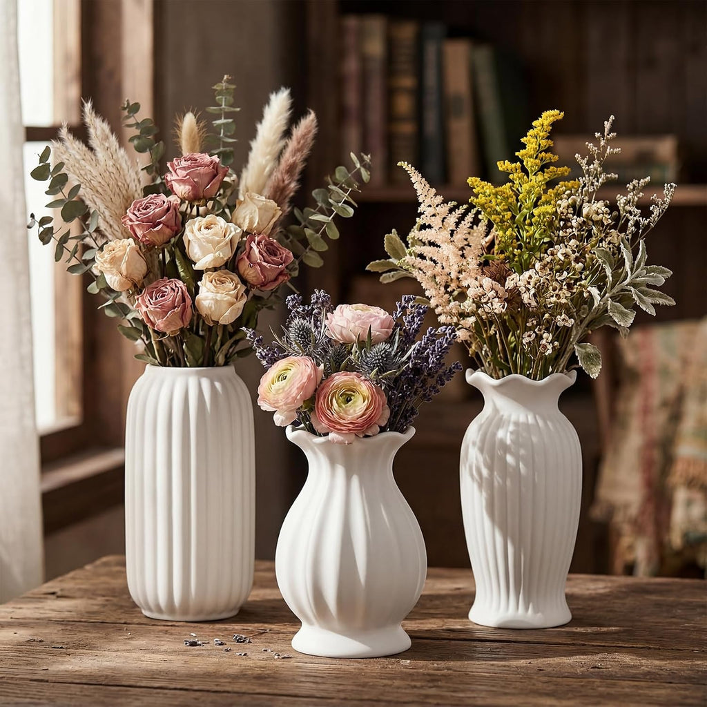3 Pcs Vase Modern Fluted Ribbed Textured Boho Decorative Vase for Flowers Living Room Home Cabinet Table Centerpieces Wedding Kitchen Office(Milk White Vertical)