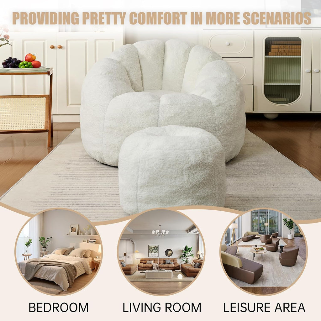 Bean Bag Chair for Adults, Gaint Beanbag Chair with Ottoman, Comfy Lazy Bean Bag Reading Chair for Living Room, Bedroom, White