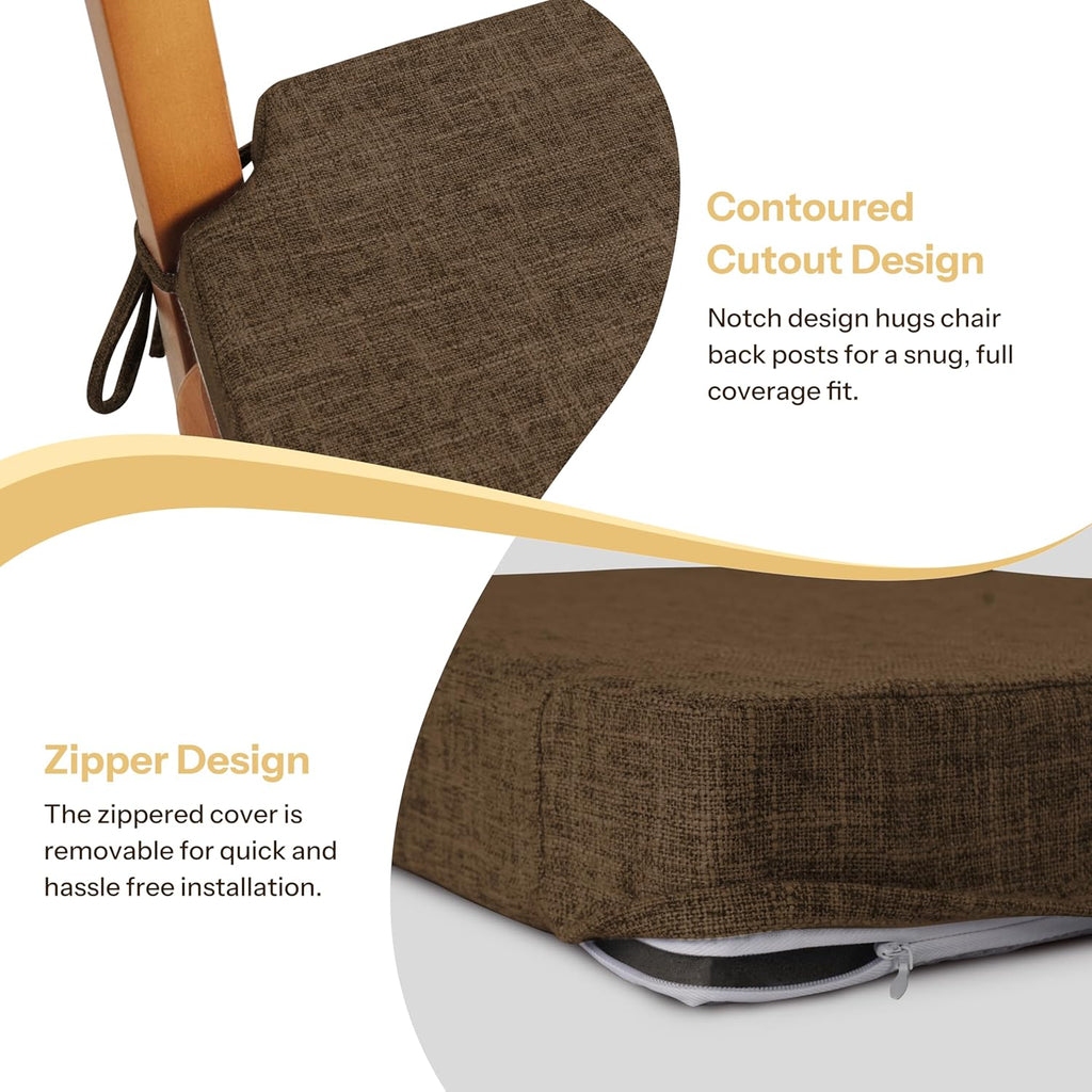2.5 Inch Thick Dining Chair Cushions Set of 4 with Ties Non-Slip 16.5" x 16" Seat Cushions with Machine Washable Cover Comfy D-Shaped Kitchen Chair Pads Brown
