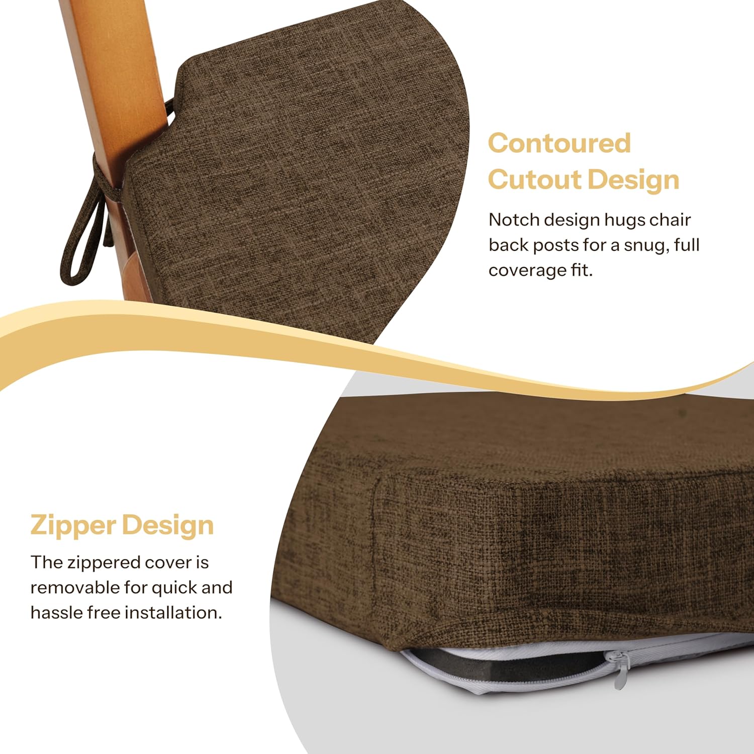 2.5 Inch Thick Dining Chair Cushions Set of 4 with Ties Non-Slip 16.5" x 16" Seat Cushions with Machine Washable Cover Comfy D-Shaped Kitchen Chair Pads Brown