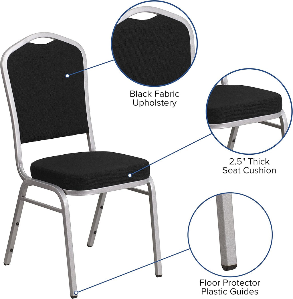 EMMA + OLIVER Crown Back Stacking Banquet Chair in Black Fabric - Silver Frame