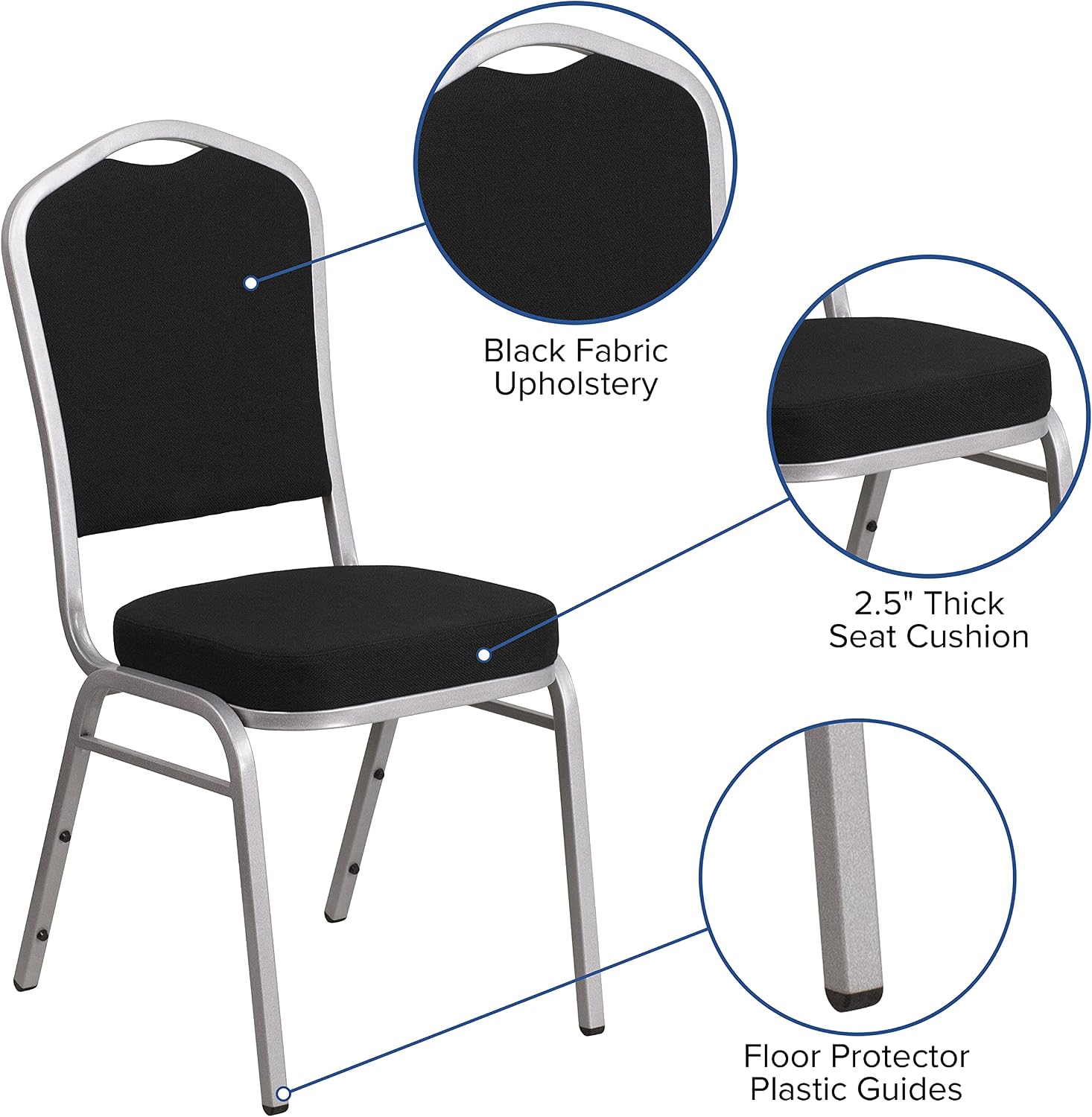 EMMA + OLIVER Crown Back Stacking Banquet Chair in Black Fabric - Silver Frame