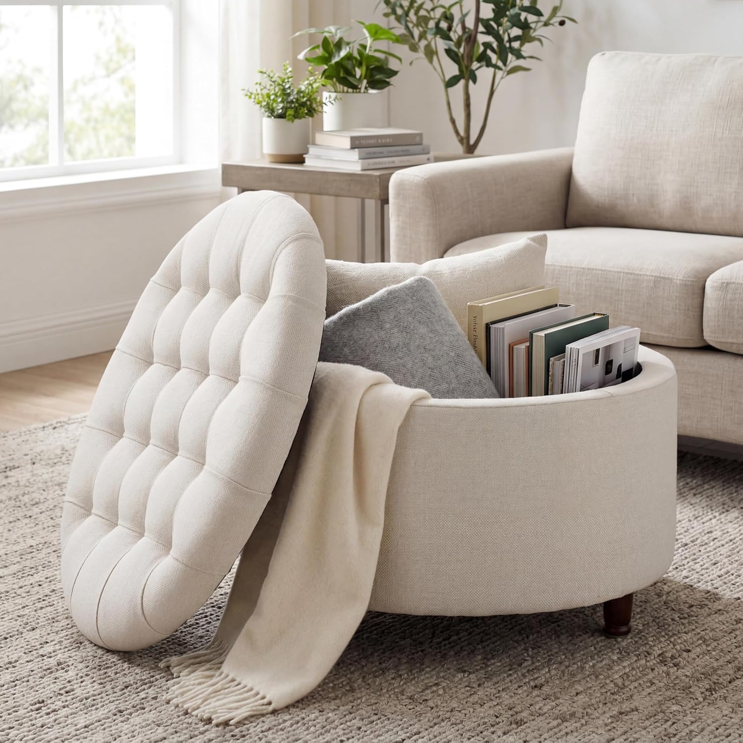 28" Round Ottoman, Modern Ottoman with Storage, Tufted Upholstered Footstool with Wooden Legs, Round Coffee Table w/Removable-Top, Chenille Footrest for Living Room, Bedroom, Apartment, White