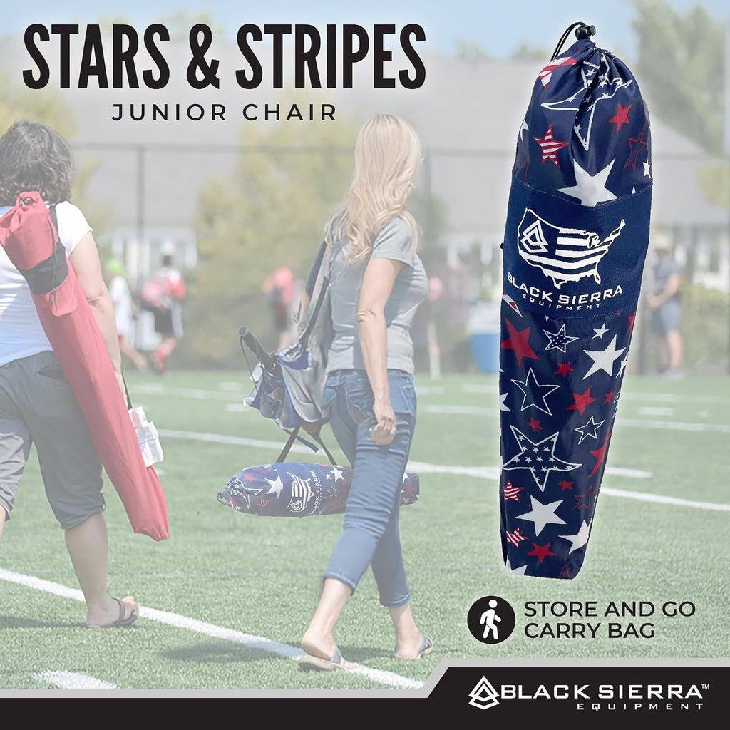 Black Sierra Kids Patriotic Camping Chair, Folding USA Flag Seat for Children, Supports 150 lbs, Portable Outdoor Chair with Carry Bag and Cupholder for Ages 3–10 for Beach, Sports, Travel, Backyard
