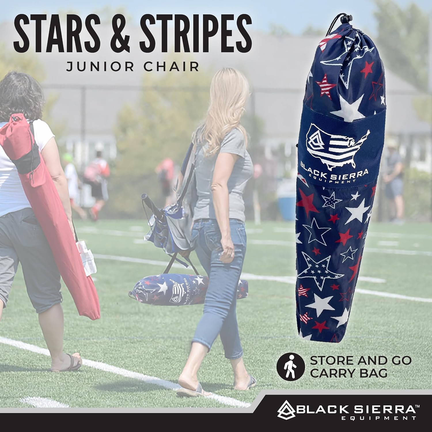 Black Sierra Kids Patriotic Camping Chair, Folding USA Flag Seat for Children, Supports 150 lbs, Portable Outdoor Chair with Carry Bag and Cupholder for Ages 3–10 for Beach, Sports, Travel, Backyard