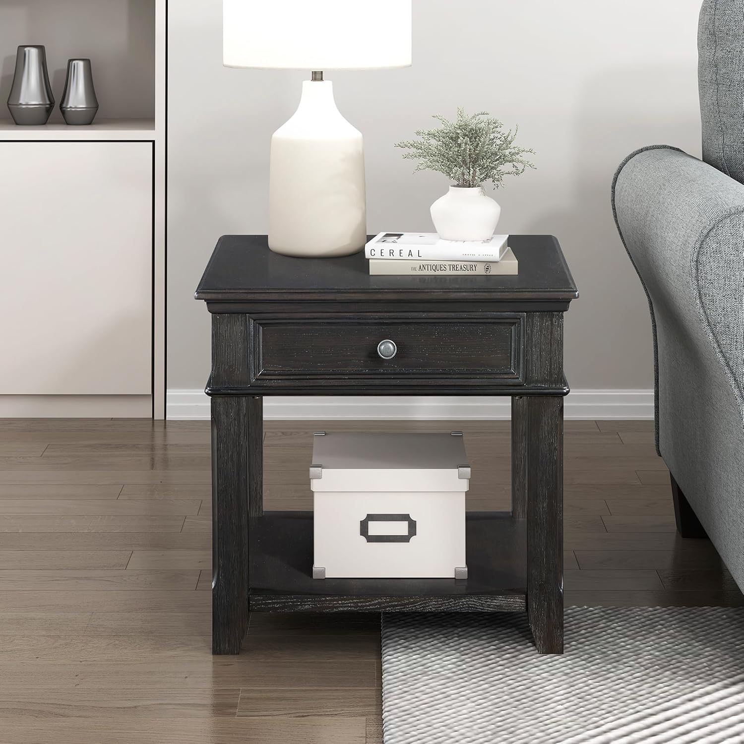 Lexicon Mid Century Modern 24" x 27" End Table with Storage, Wood Side Table with USB Charging Ports and Outlet, 1 Dovetail Drawer and Open Storage Shelf for Living Room/Bedroom, Charcoal