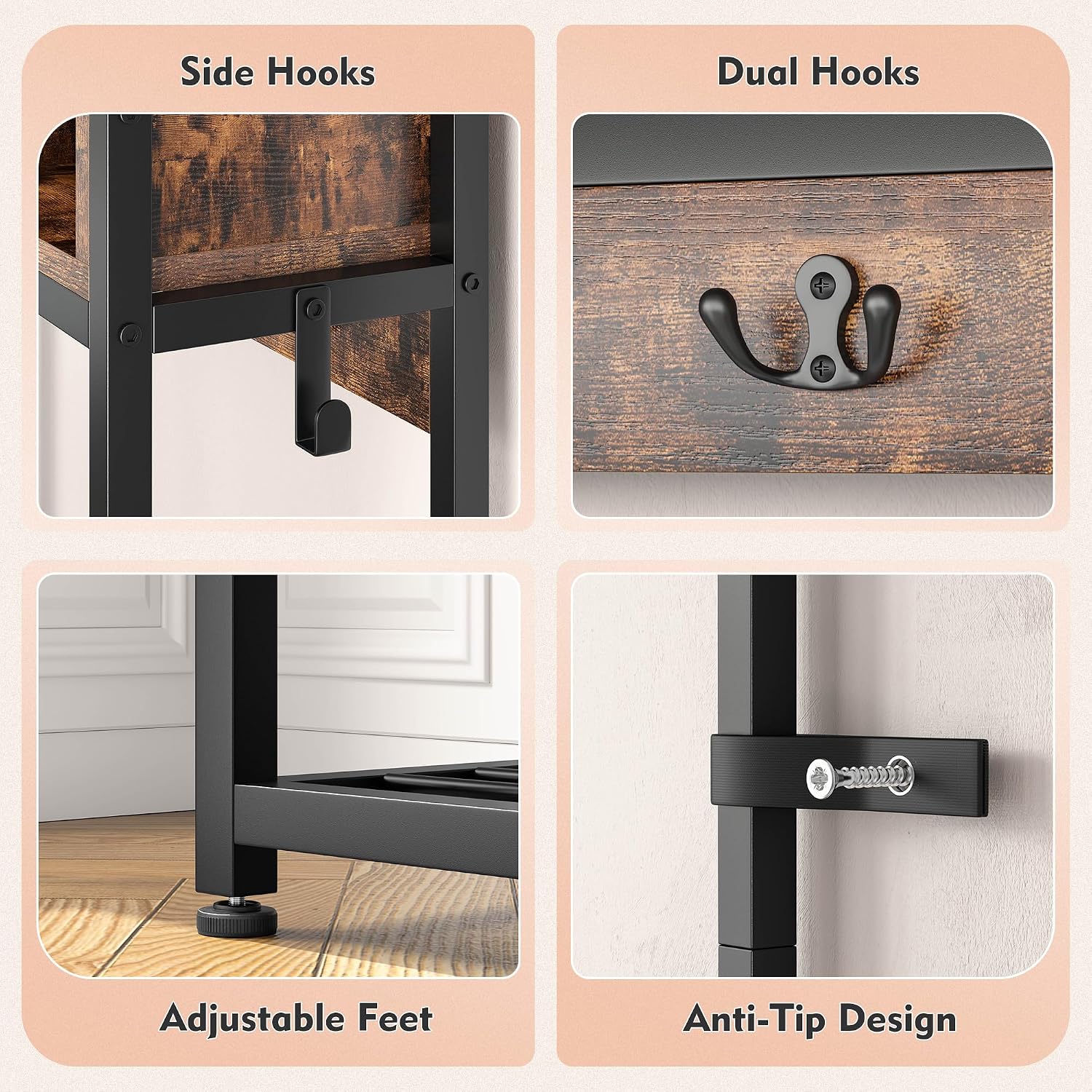 Raybee Hall Tree with Bench and Shoe Storage, Coat Rack Freestanding with 3 Fabric Drawers, Entryway Bench with Shoe Storage, Hall Tree with 12 Hooks for Hallway, Rustic Brown