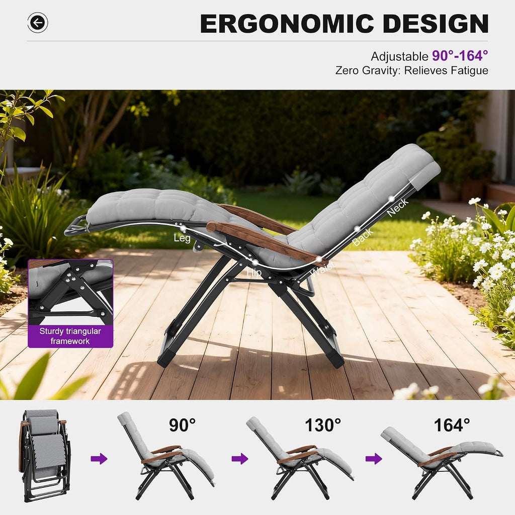 PURPLE LEAF Oversized Outdoor Reclining Chair Patio Zero Gravity Chaise Lounge Folding Chair with Removable Cushion Adjustable Headrest for Lawn Camping Beach Pool Grey