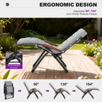 PURPLE LEAF Oversized Outdoor Reclining Chair Patio Zero Gravity Chaise Lounge Folding Chair with Removable Cushion Adjustable Headrest for Lawn Camping Beach Pool Grey