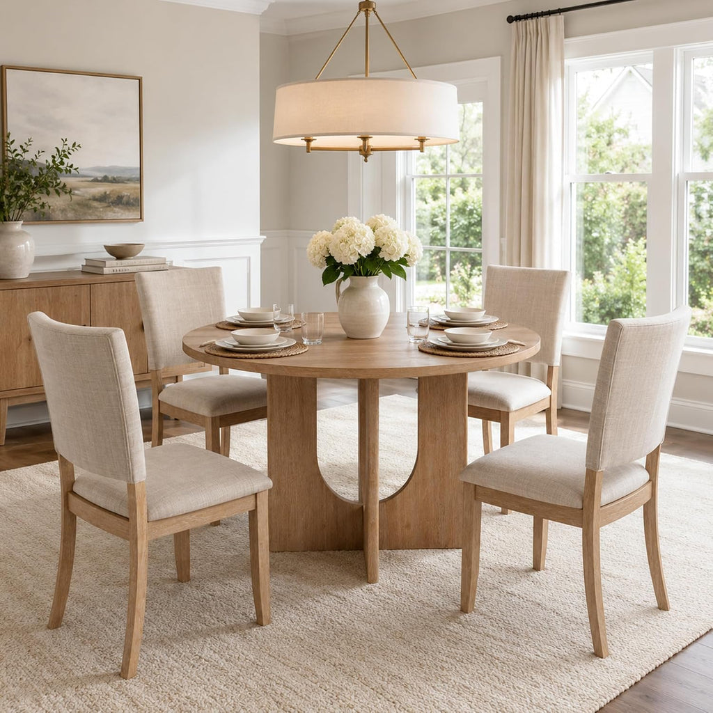 5-Piece Round Dining Table Set for 4, 47" Kitchen Table, Natural | U-Shaped Pedestal Base, Round Tabletop, 4 Upholstered Fabric Chairs, Space Saving Dinner Table for Dining Room, Kitchen