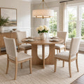 5-Piece Round Dining Table Set for 4, 47" Kitchen Table, Natural | U-Shaped Pedestal Base, Round Tabletop, 4 Upholstered Fabric Chairs, Space Saving Dinner Table for Dining Room, Kitchen
