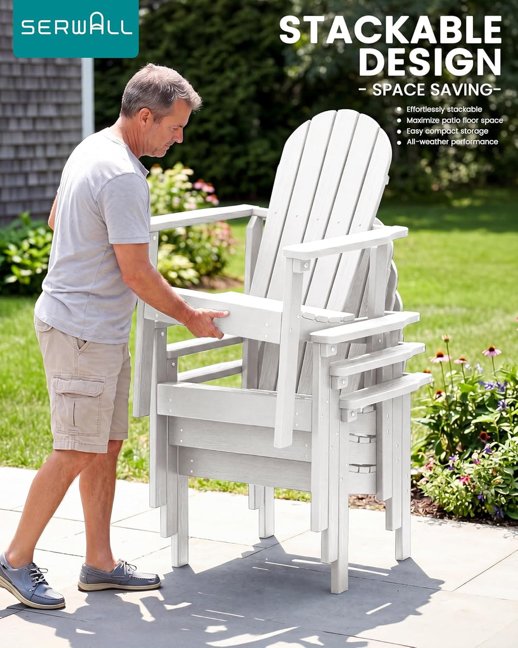 SERWALL Stackable Modern Adirondack Chairs Set of 2, HDPE Outdoor Patio Chairs with Space-Saving Design, All-Weather Fire Pit Chairs with Widened Seat for Deck, Backyard, Garden, Lawn (White)