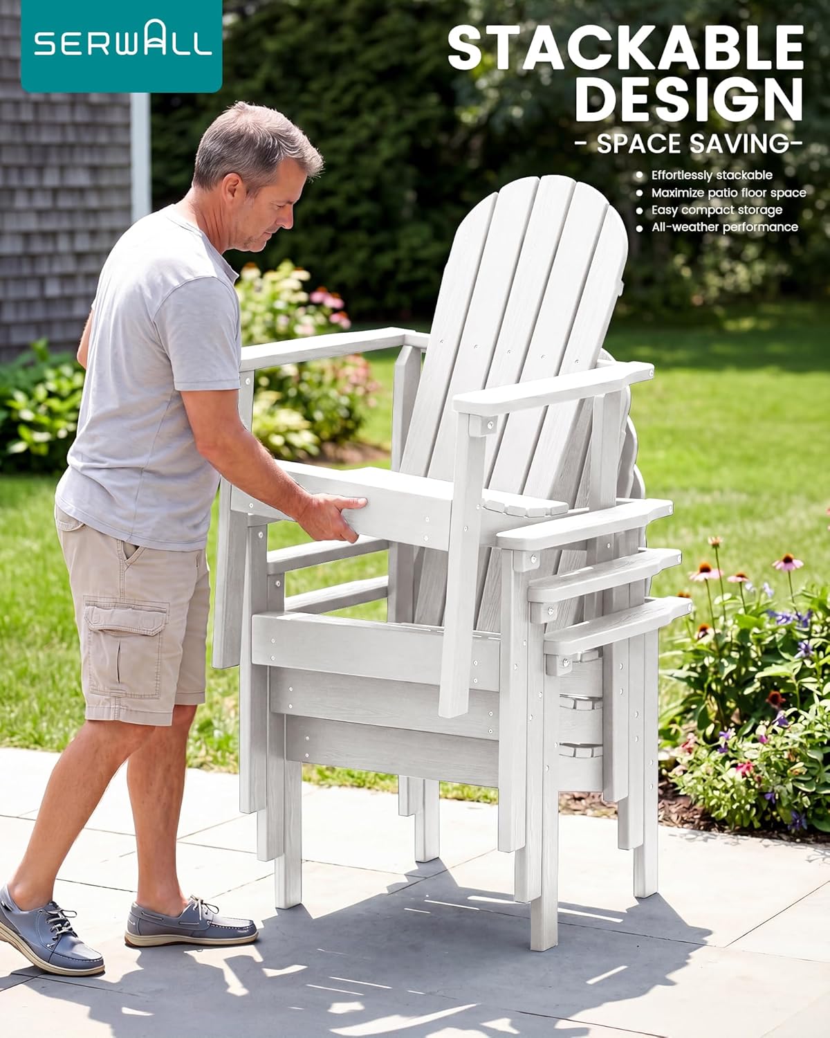 SERWALL Stackable Modern Adirondack Chairs Set of 2, HDPE Outdoor Patio Chairs with Space-Saving Design, All-Weather Fire Pit Chairs with Widened Seat for Deck, Backyard, Garden, Lawn (White)