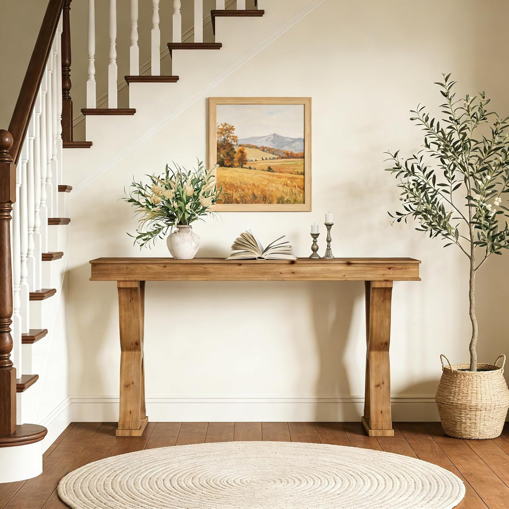 Solid Wood Console Table 63 Inch, Farmhouse Entryway Table with X-Shaped Legs, Narrow Sofa Table Behind Couch for Living Room, Hallway, Foyer, Sturdy & Easy Assembly