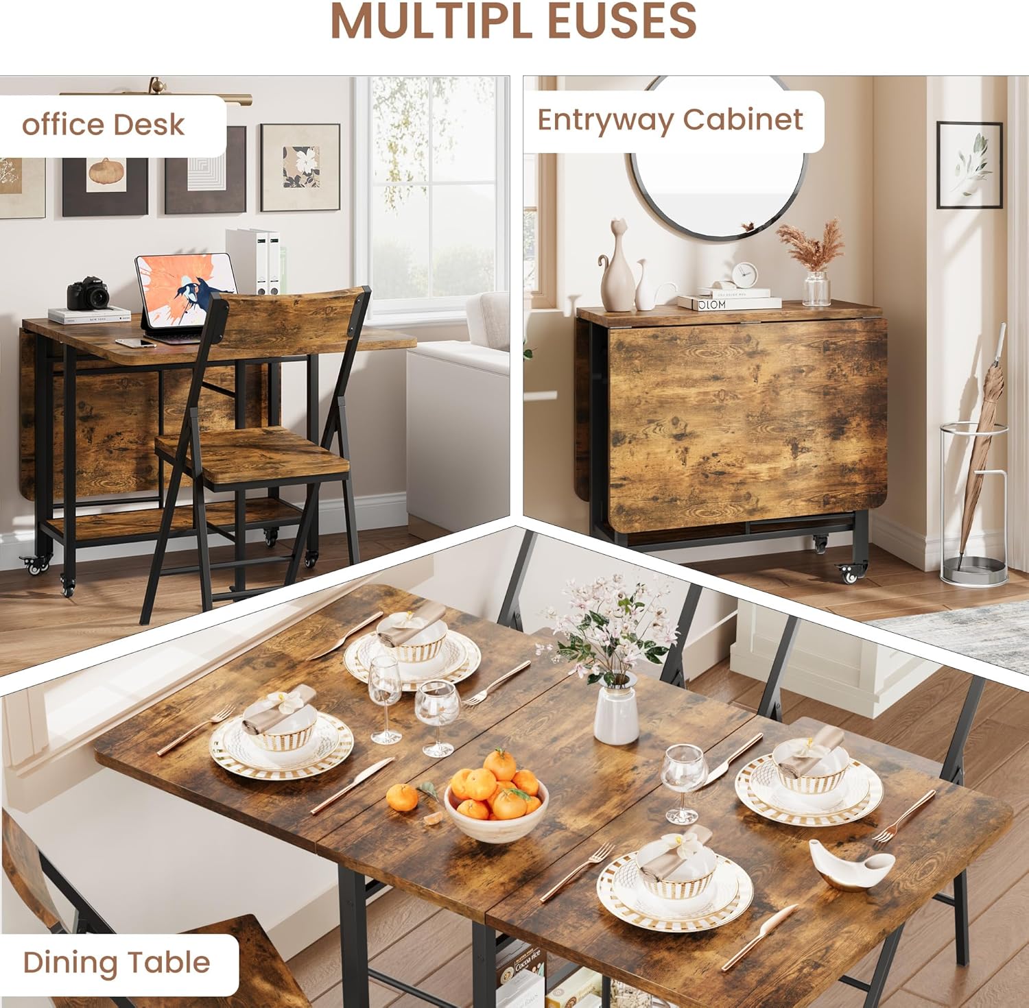 Garvee Dining Table Set for 4,Foldable Dining Table with 4 Foldable Chairs, Rectangle Space Saver Table and Chairs Set with Swivel Wheels, for Small Space,Apartment,Kitchen,Dining Room, Rustic Brown