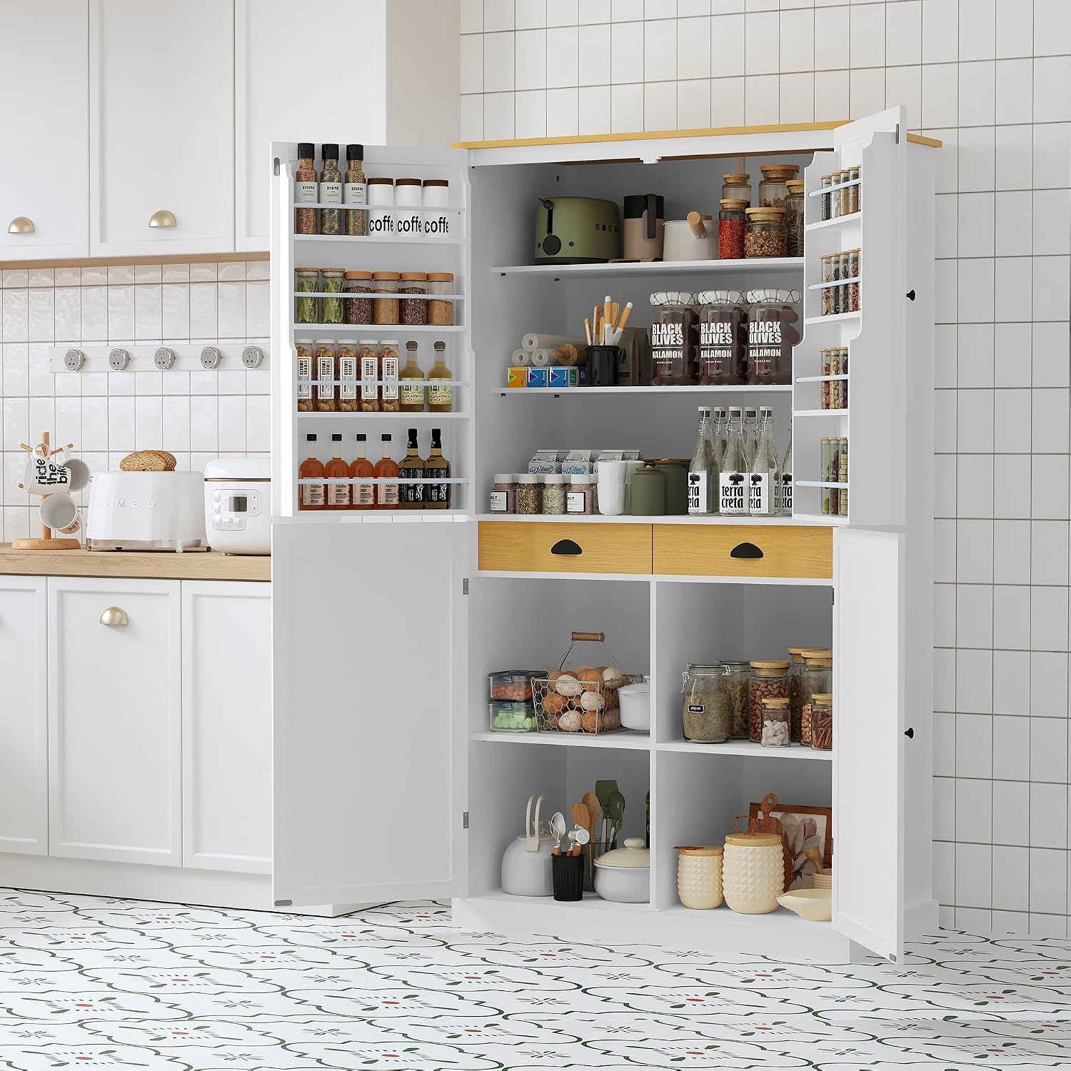 71.3" Freestanding Kitchen Pantry Cabinet with 2 Drawers, 8 Door Shelves & Adjustable Shelves, Large Farmhouse Storage for Kitchen Dining Room, White