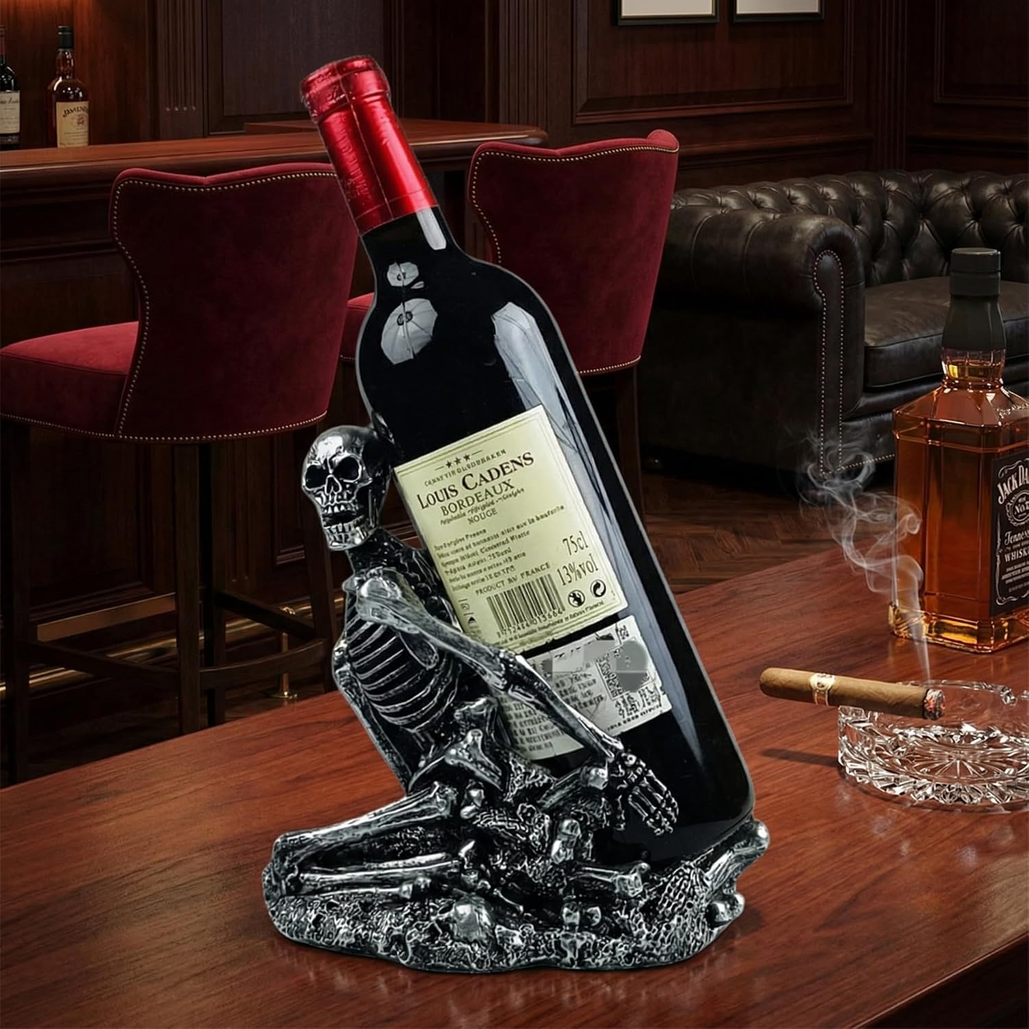 Gothic Skull Decorated Wine Bottle Rack, Halloween countertop Small Wine Rack, Room Emotional Decoration (Silvery)