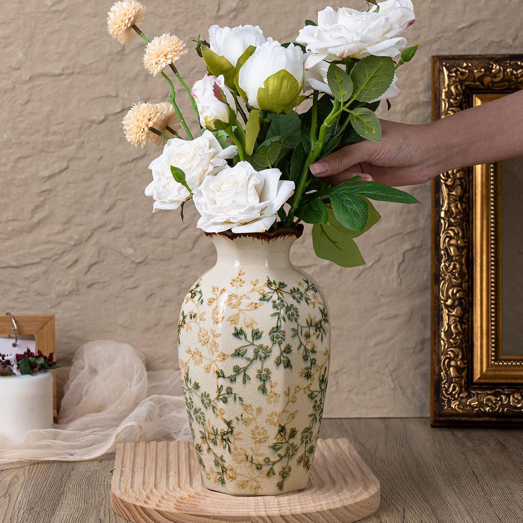 Green Vinatge Vase, Gorgeous Pastoral Octagonal Ceramic Flower Vase, Rustic Farmhouse Ice Cracked Large Chinoiserie Floral Vases for Home Decors, Cottage, Coffee Table, Bookshelf, 9.1 Inch