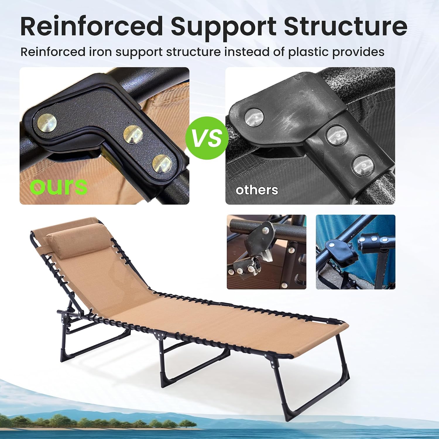 2 Pack Outdoor Folding Chaise Lounge 5-Position Adjustable Recliner 400LB Heavy Duty Portable Patio Camping Beach Chair, Beige